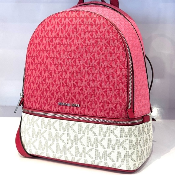 Michael Kors Rhea Medium Color-Block Signature Logo Backpack Dark Rasberry Multi - Picture 3 of 11